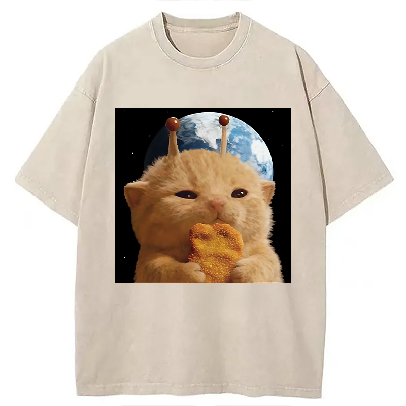 Modecanvas Space Chicken Nugget Alien Cat DTG Printing Washed T-Shirt