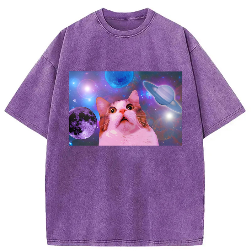 Modecanvas Funny Cat In Space DTG Printing Washed T-Shirt