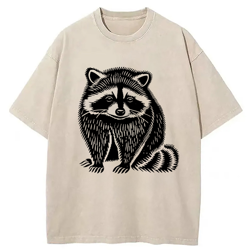 Modecanvas Vintage Minimalist Raccoon DTG Printing Washed T-Shirt