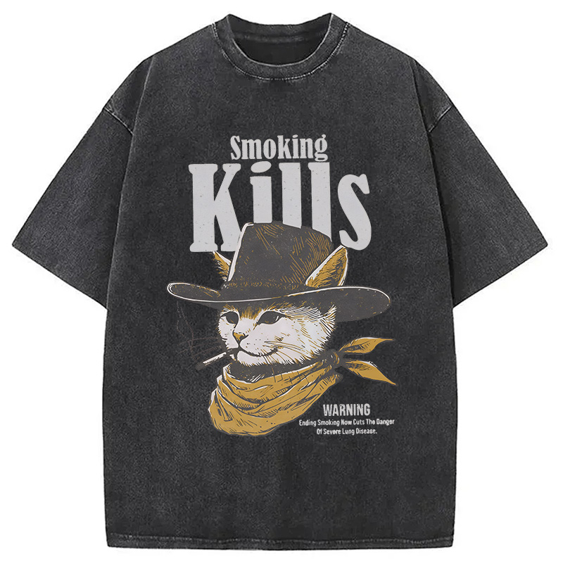 Modecanvas Funny Anti Smoking Cat DTG Printing Washed T-Shirt