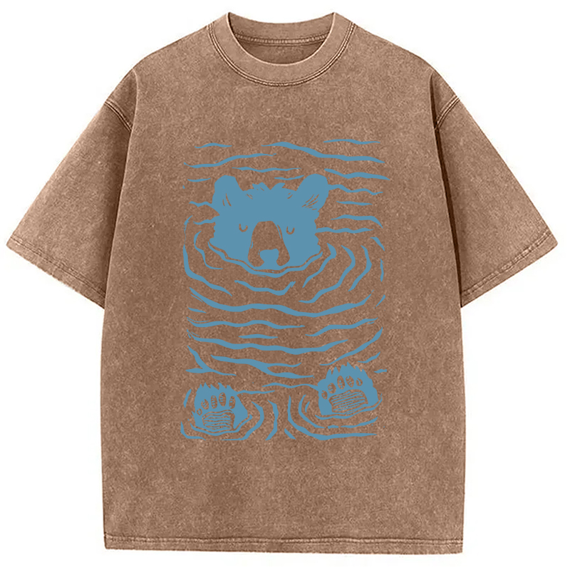 Modecanvas Minimalist Linocut Bear DTG Printing Washed T-Shirt