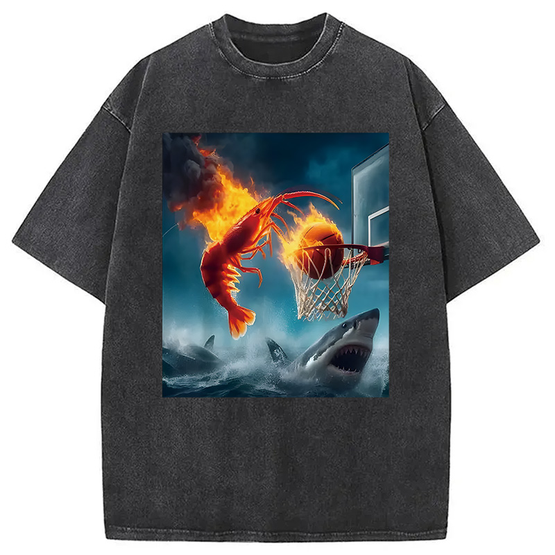 Modecanvas Shrimp Dunking on Shark Funny DTG Printing Washed T-Shirt
