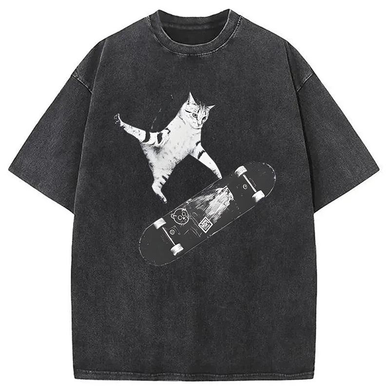 Modecanvas Skateboarding Cat DTG Printing Washed T-Shirt