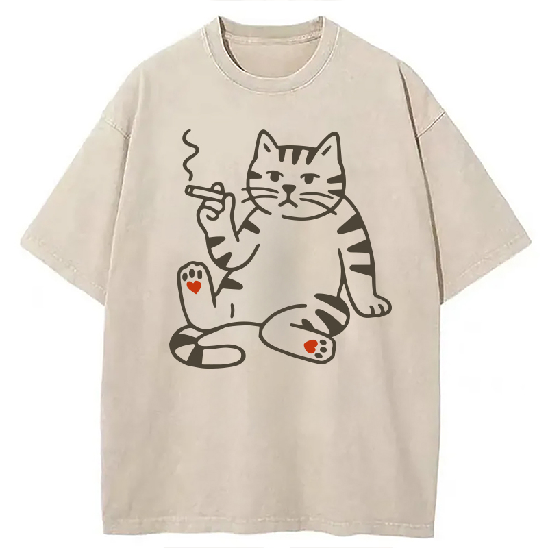 Modecanvas Funny Smoking Cat Meme DTG Printing Washed T-Shirt