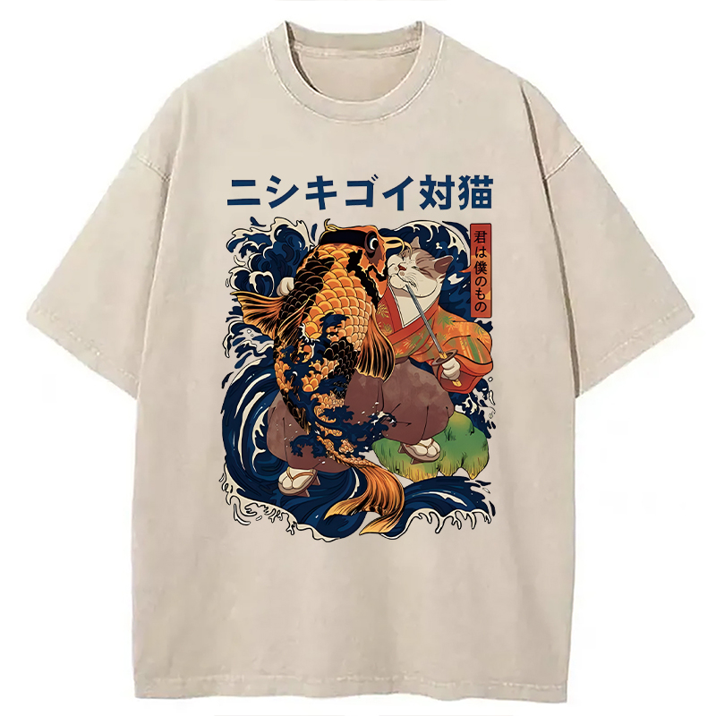 Modecanvas Harajuku Samurai Cat Koi Fish DTG Printing Washed T-Shirt