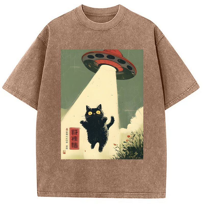 Modecanvas Vintage Japanese Alien Cat DTG Printing Washed T-Shirt