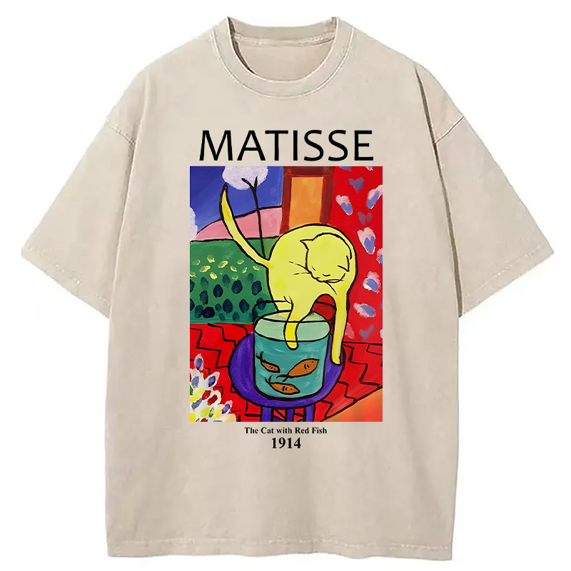 Modecanvas The Cat with Red Fish DTG Printing Washed T-Shirt