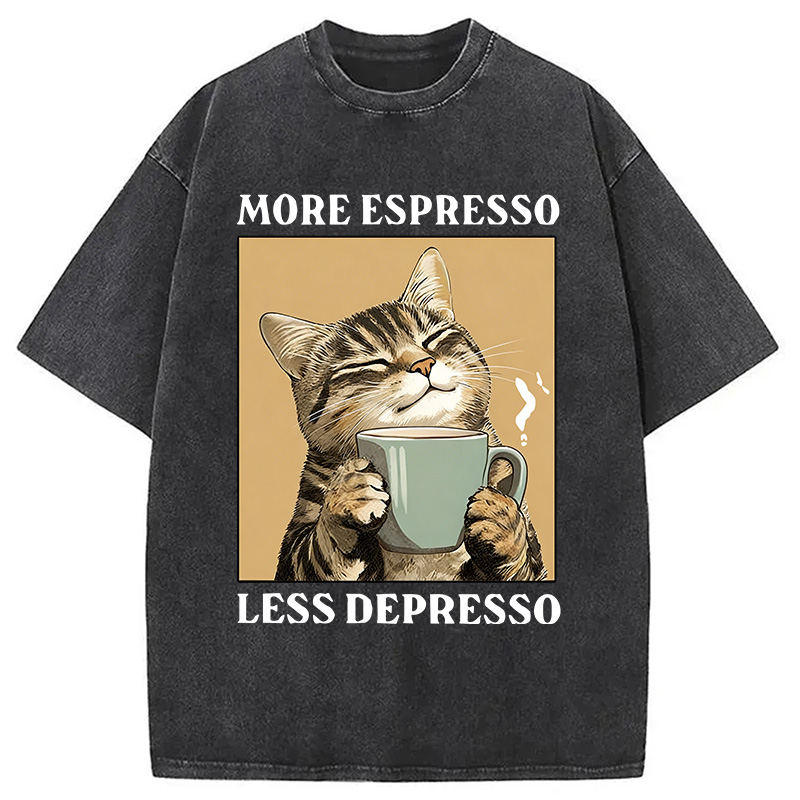 Modecanvas Cute Cat Drinking Coffee DTG Printing Washed T-Shirt