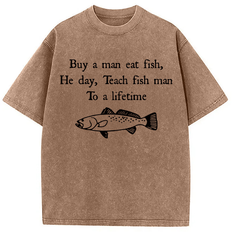Modecanvas Man Eat Fish Meme DTG Printing Washed T-Shirt