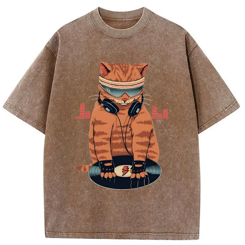 Modecanvas Funny Cat DJ Washed T-Shirt