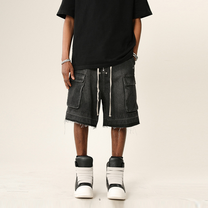 Modecanvas Large pocket Frayed Black Denim Short
