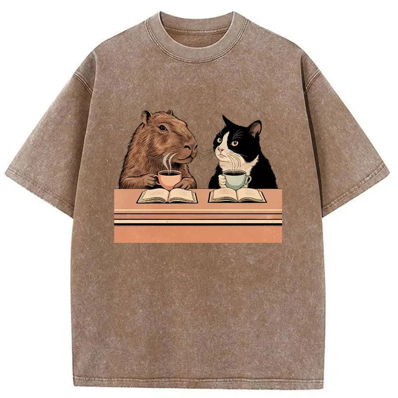 Modecanvas Capybara And Cat Talk Washed T-Shirt-modecanvas