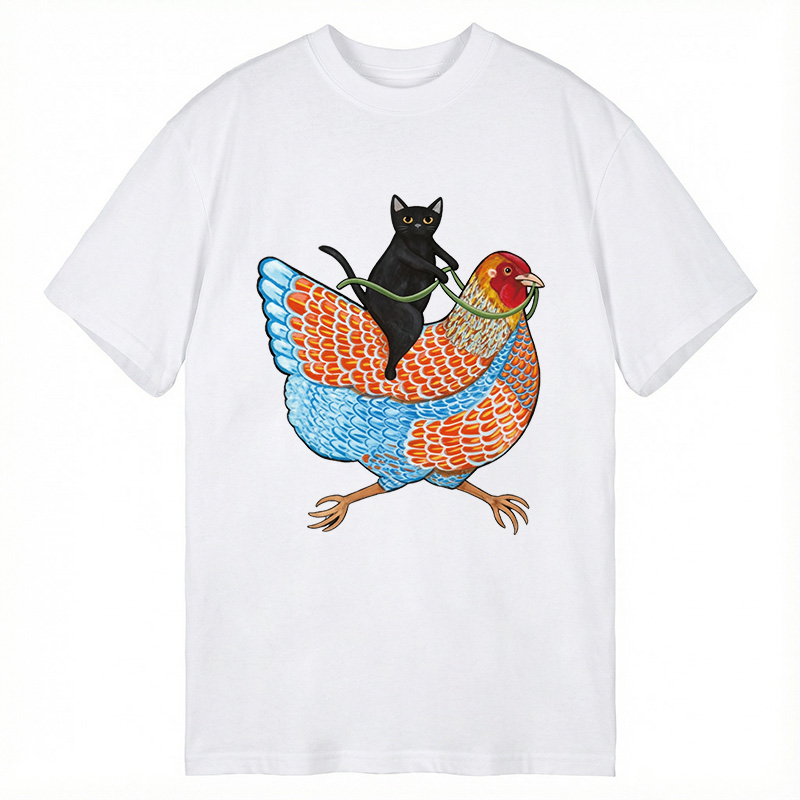 Modecanvas Black Cat On a Wyandotte Chicken DTG Printing Classic T-Shirt-modecanvas