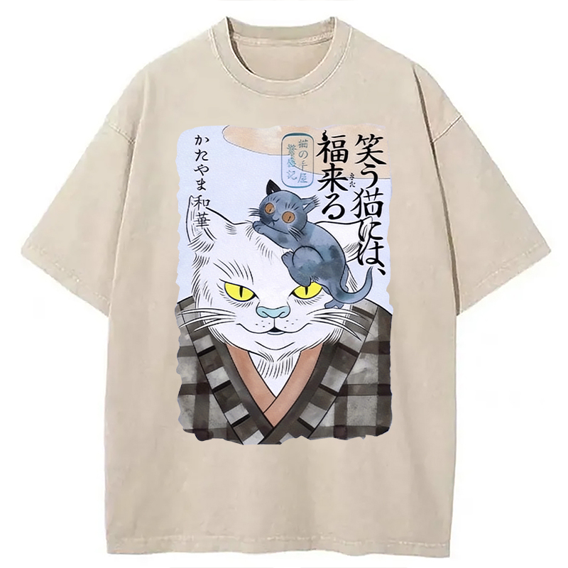 Modecanvas Japanese Vintage Cat DTG Printing Washed T-Shirt
