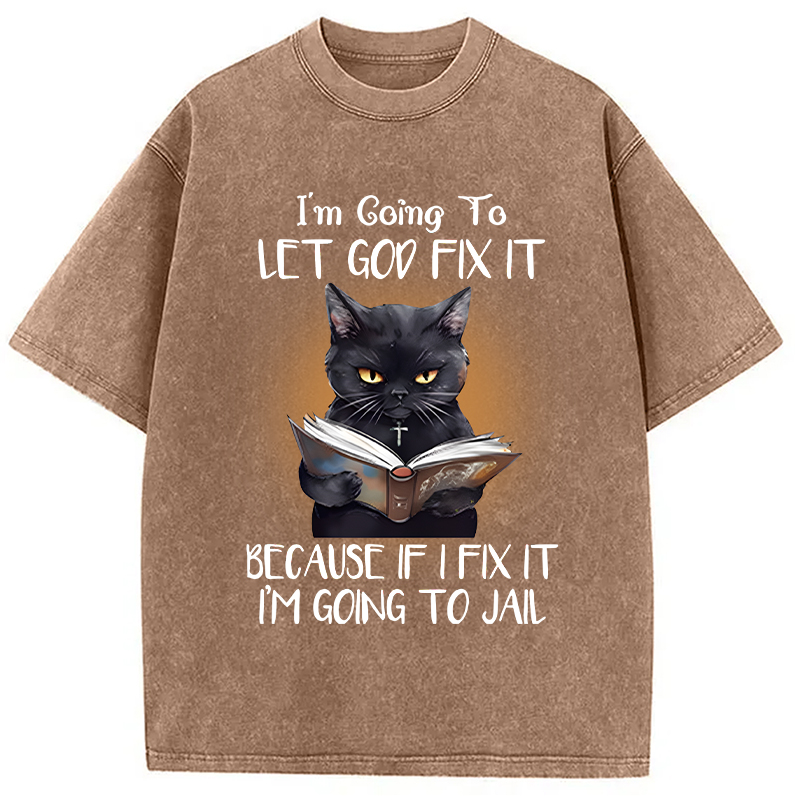 Modecanvas Funny Sarcastic Black Cat DTG Printing Washed T-Shirt