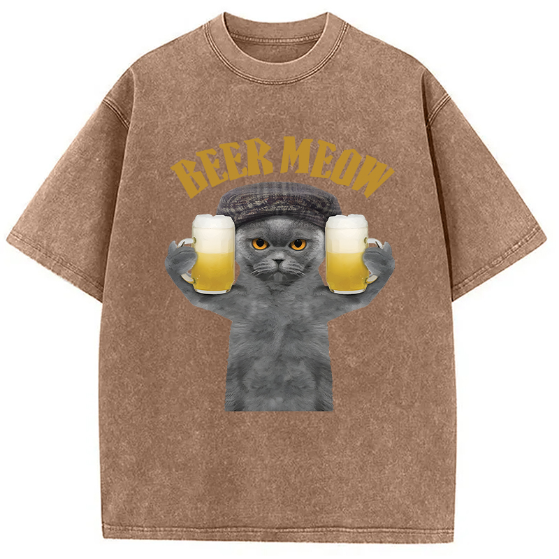 Modecanvas Funny Cat Drinking Or Serving Beer DTG Printing Washed T-Shirt