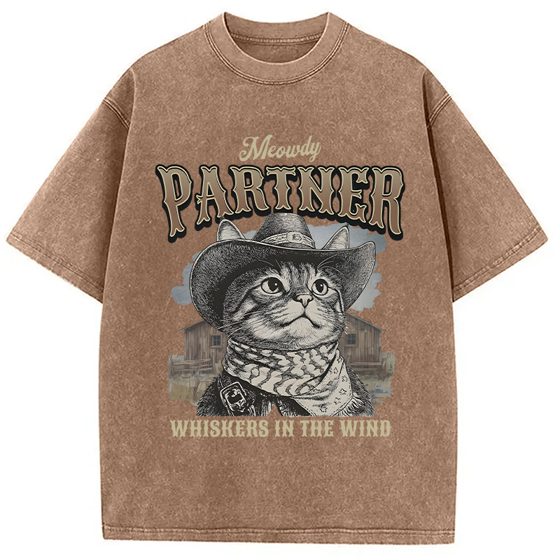 Modecanvas Meowdy Partner Cowboy Cat DTG Printing Washed T-Shirt