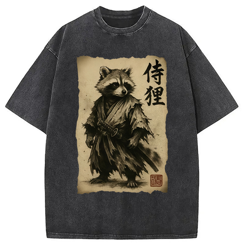 Modecanvas Samurai Raccoon Washed T-Shirt-modecanvas