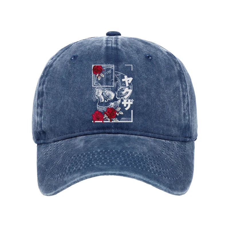 Modecanvas Skull Roses Japanese Aesthetic Washed Cap-modecanvas