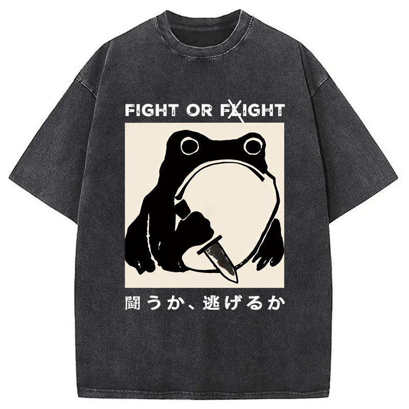 Modecanvas Fight Or Flight Funny Frog Japanese Washed T-Shirt