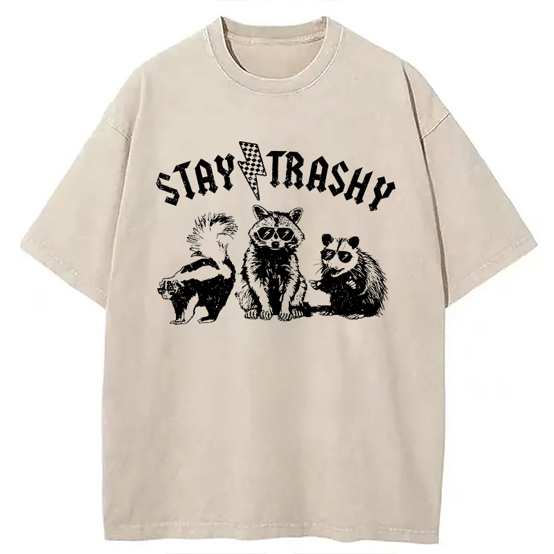 Modecanvas Stay Trashy Funny Raccoon DTG Printing Washed T-Shirt