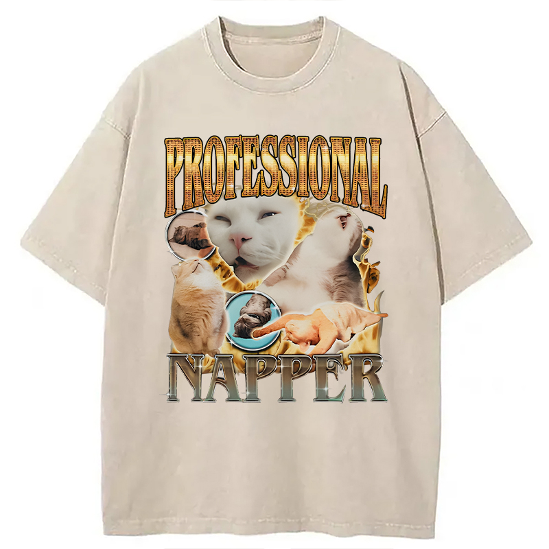 Modecanvas Professional Napper Funny Cat DTG Printing Washed T-Shirt
