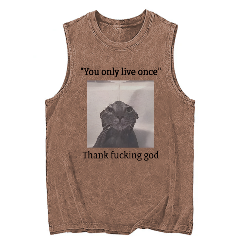Modecanvas Funny Depressed Meme Cat DTG Printing Washed Tank-modecanvas