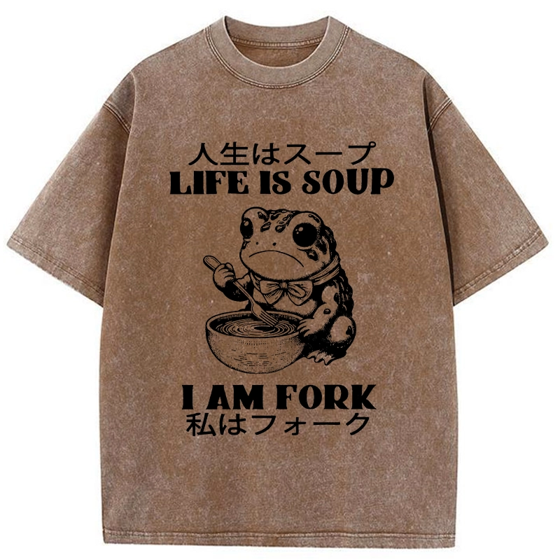 Modecanvas Life Is Soup I Am Fork Washed T-Shirt-modecanvas