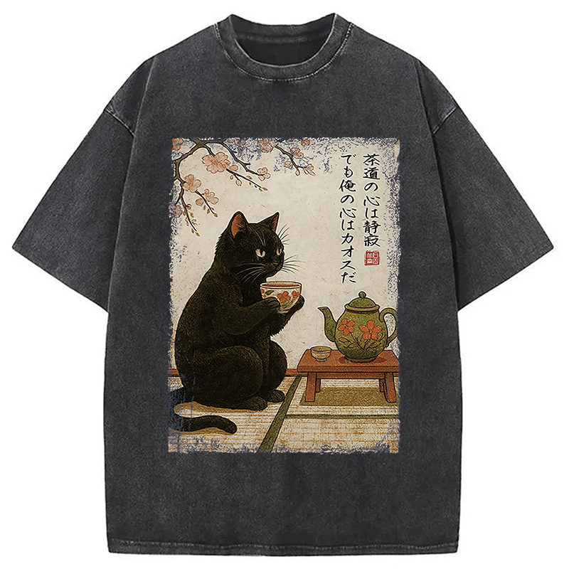 Modecanvas Tea Time With A Black Cat Washed T-Shirt-modecanvas