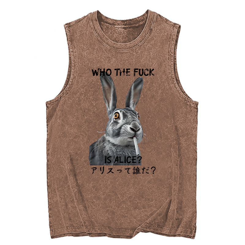 Modecanvas Who The Fvck Is Alice Funny Rabbit Smoking DTG Printing Washed Tank-modecanvas