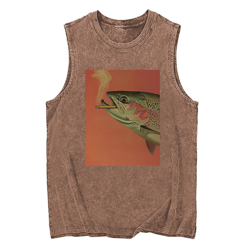 Modecanvas Trout Smoking A Cigarette DTG Printing Washed Tank-modecanvas