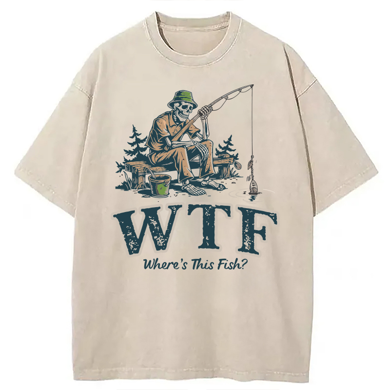 Modecanvas Funny WTF Where Is The Fish DTG Printing Washed T-Shirt