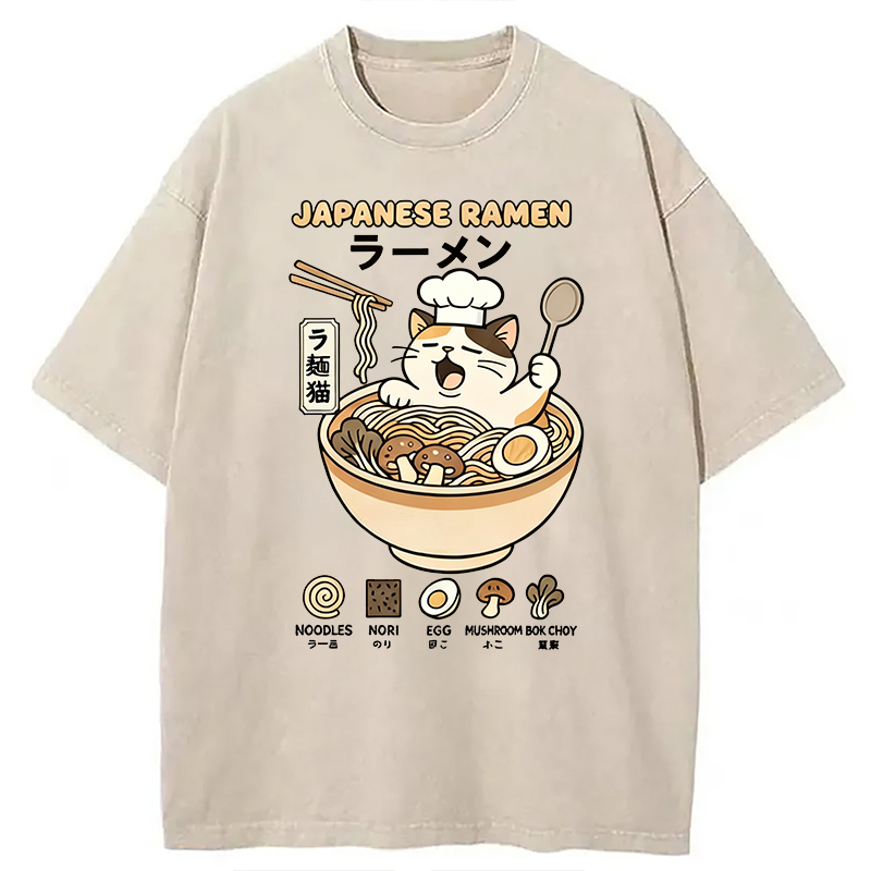 Modecanvas Ramen Cat DTG Printing Washed T-Shirt