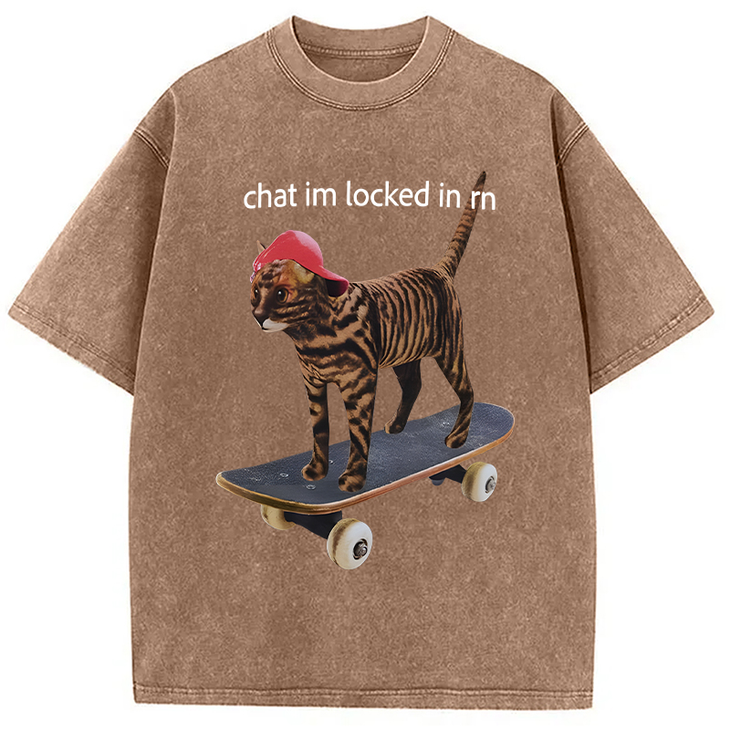 Modecanvas Locked In Skateboard Cat DTG Printing Washed T-Shirt