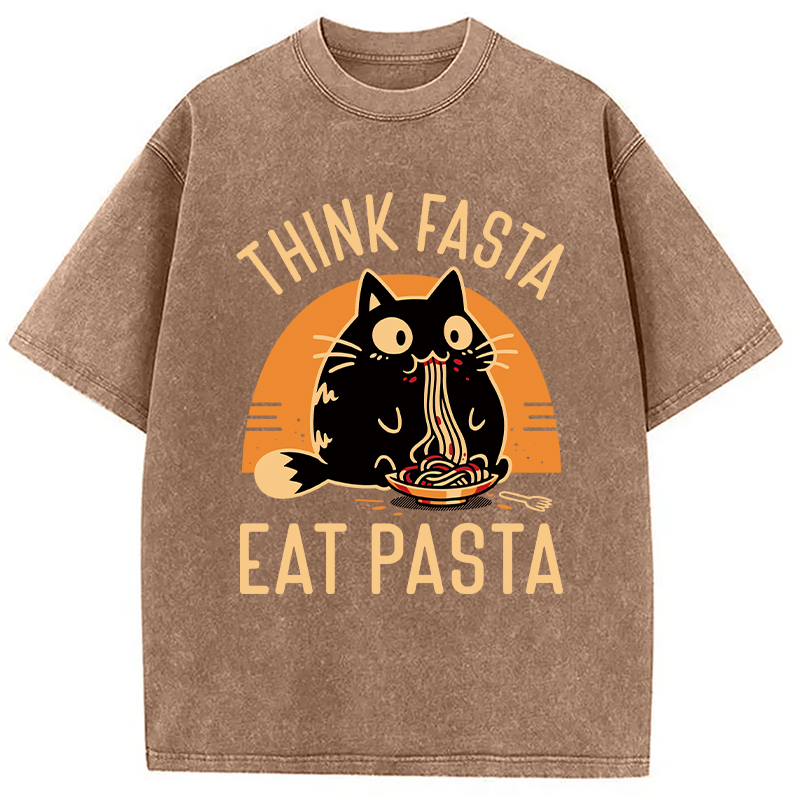 Modecanvas Think Fast Eat Pasta Funny Cat DTG Printing Washed T-Shirt