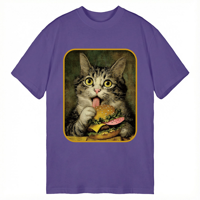 Modecanvas Trying to Eat Burger Funny Cute Cat DTG Printing Classic T-Shirt-modecanvas