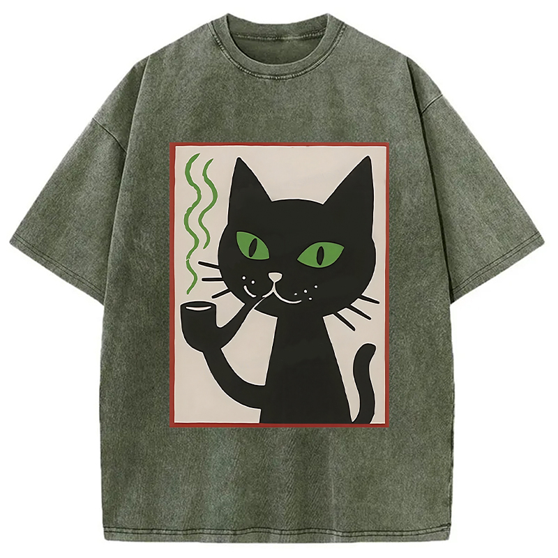 Modecanvas Black Cat Smoking Washed T-Shirt