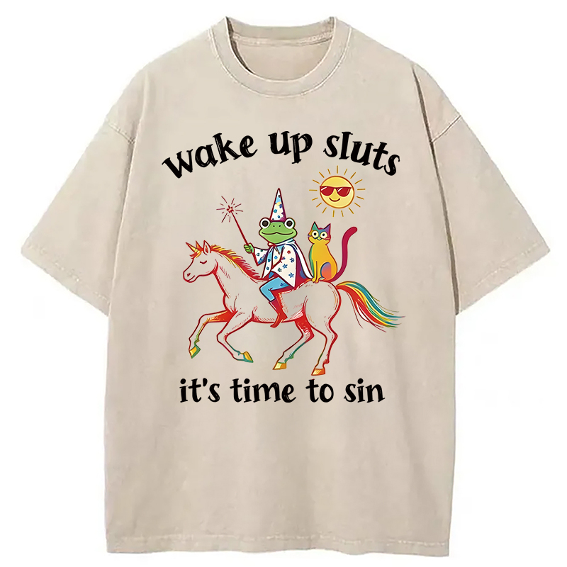 Modecanvas Wake Up Sluts Funny Frog DTG Printing Washed T-Shirt
