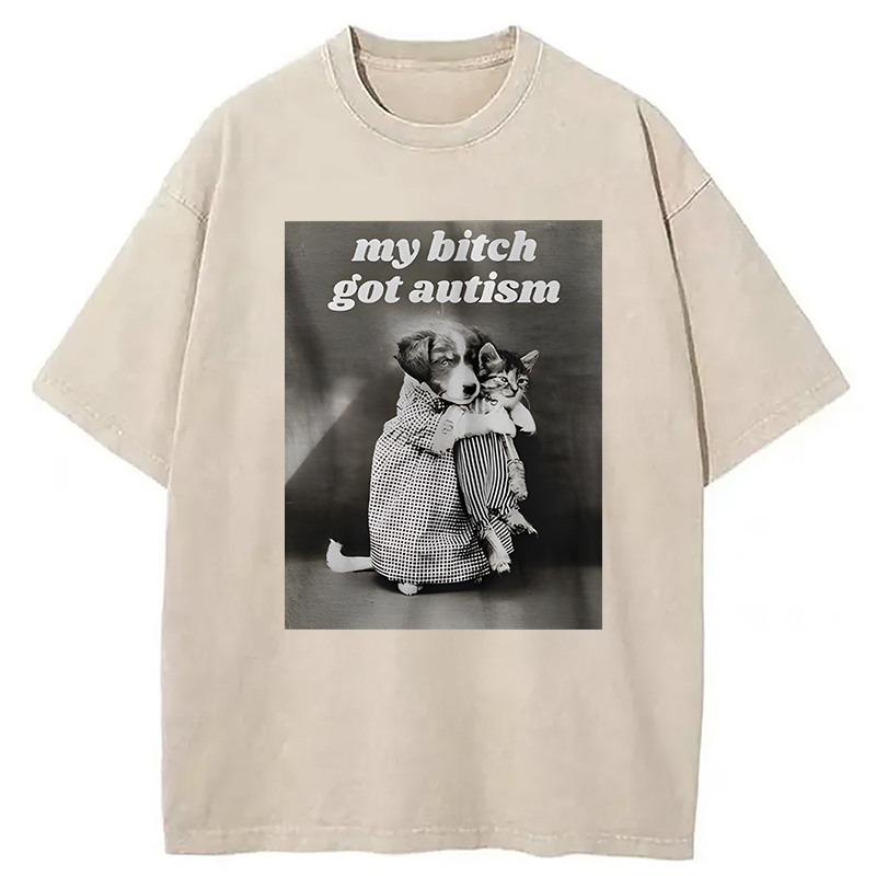 Modecanvas My B!tch Got Autism Funny Dog Holding Cat Meme DTG Printing Washed T-Shirt