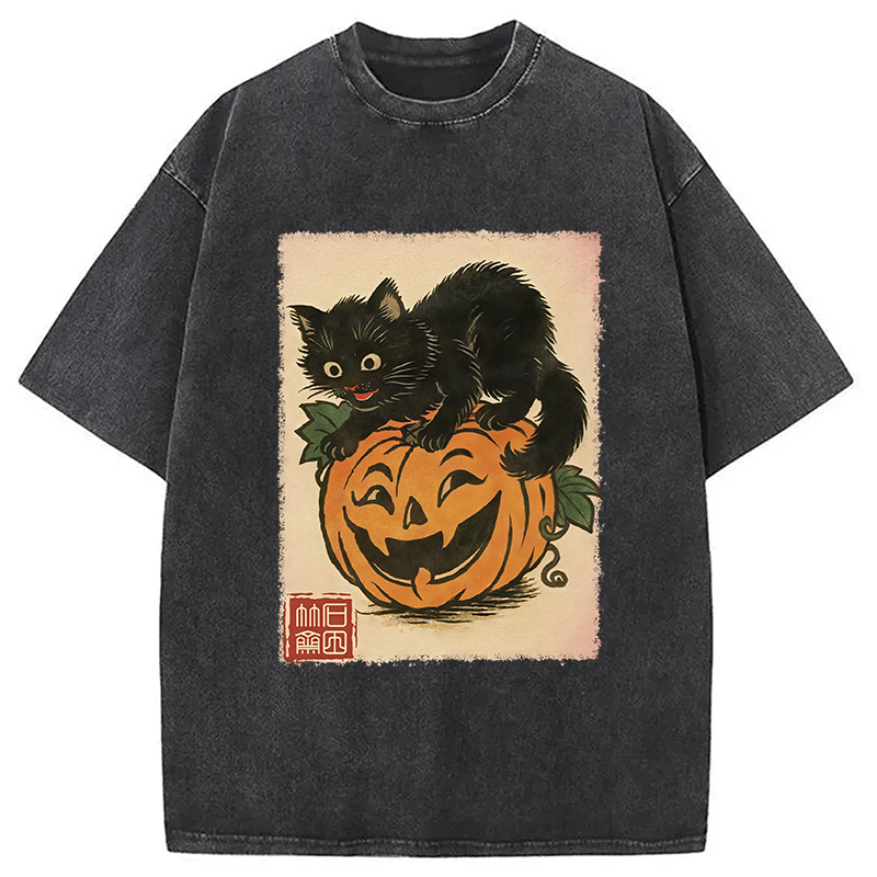 Modecanvas Black Cat And Pumpkin Washed T-Shirt