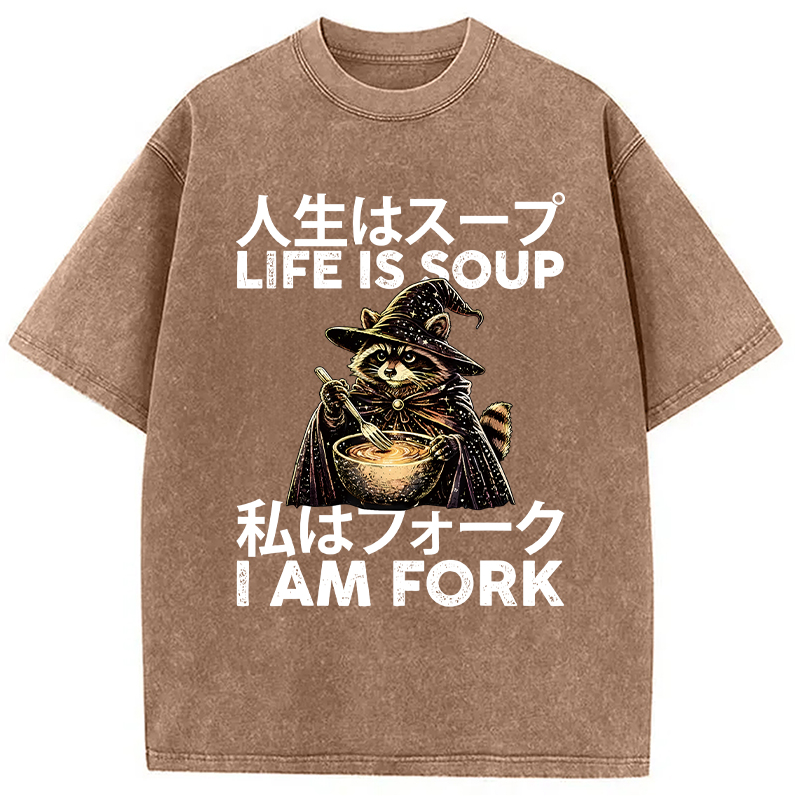Modecanvas Life is Soup I Am Fork Funny Raccoon Wizard Meme DTG Printing Washed T-Shirt