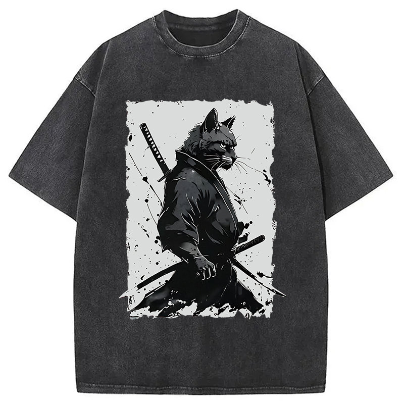 Modecanvas Handsome Samurai Cat Washed T-Shirt