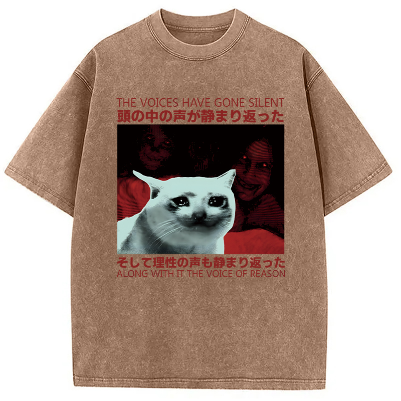 Modecanvas Silent Cat Funny Vintage Japanese DTG Printing Washed T-Shirt