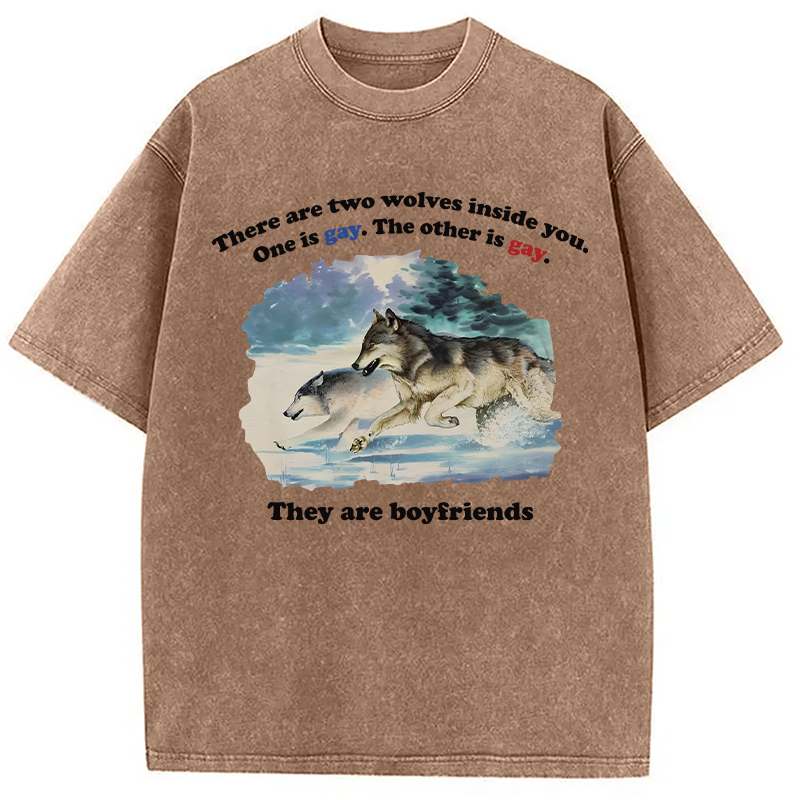 Modecanvas Two Wolves Gay Meme DTG Printing Washed T-Shirt