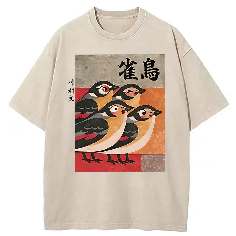 Modecanvas Cute Sparrows DTG Printing Washed T-Shirt