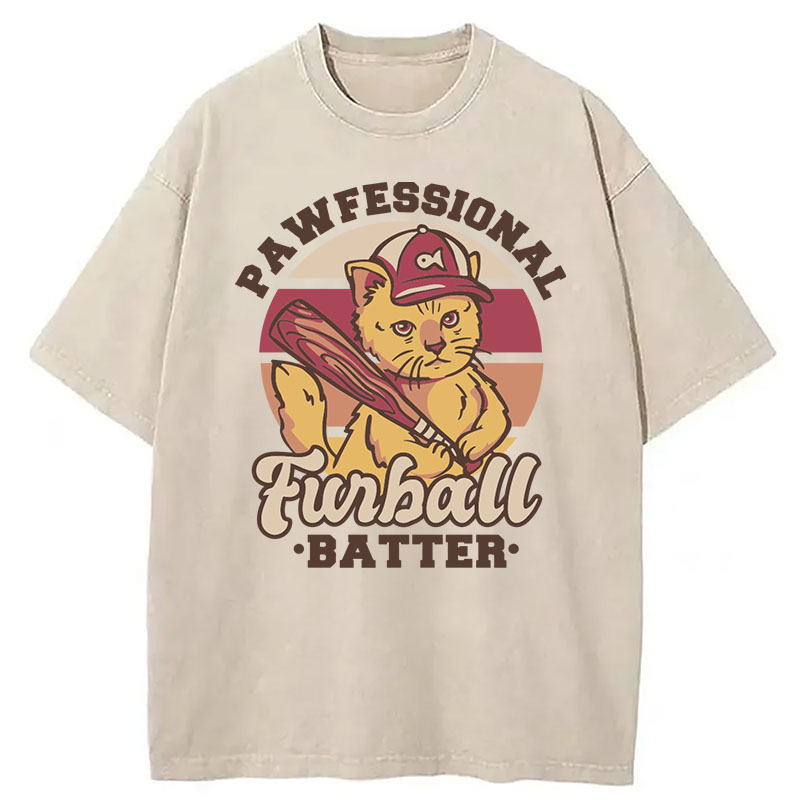 Modecanvas Furball Batter Funny Cat DTG Printing Washed T-Shirt