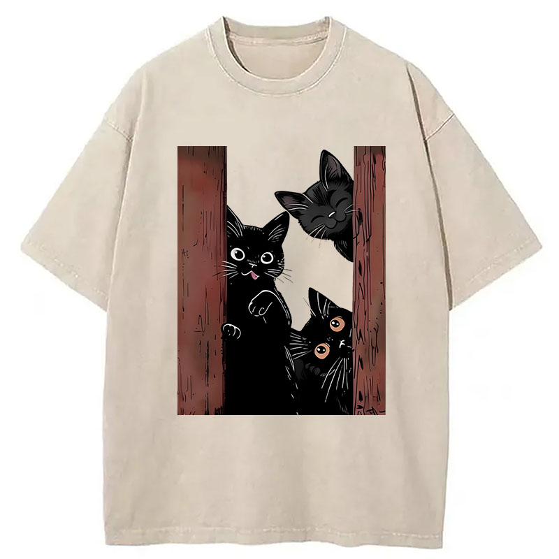 Modecanvas Funny Cats Spying On You DTG Printing Washed T-Shirt