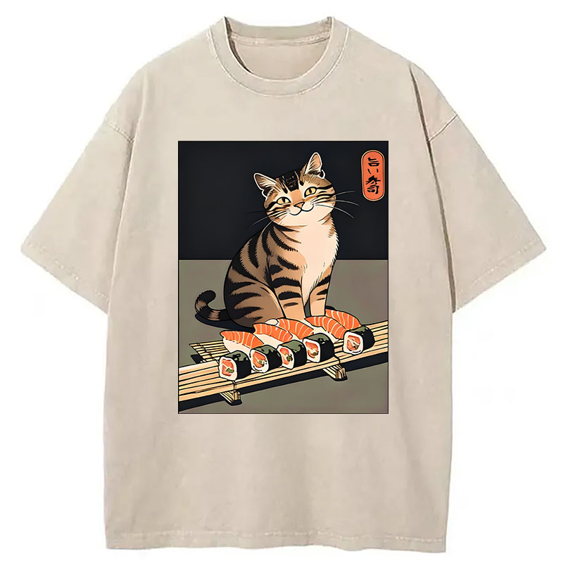 Modecanvas Cute Cat Trying To Steal Sushi DTG Printing Washed T-Shirt