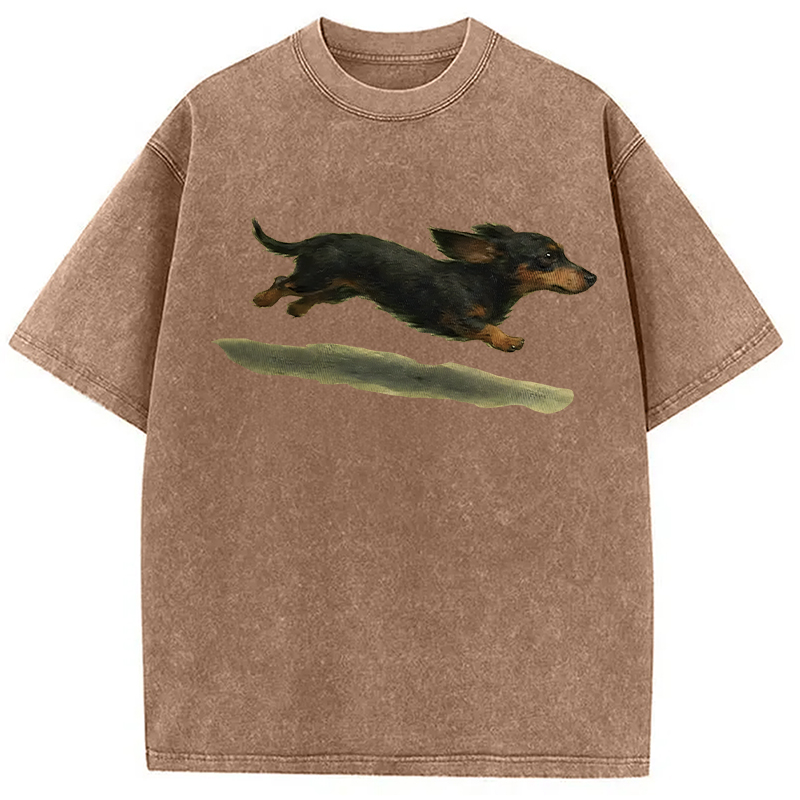 Modecanvas Funny Retro Cute Running Dog DTG Printing Washed T-Shirt