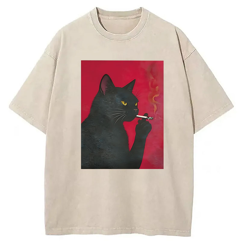Modecanvas Black Cat Smoking DTG Printing Washed T-Shirt